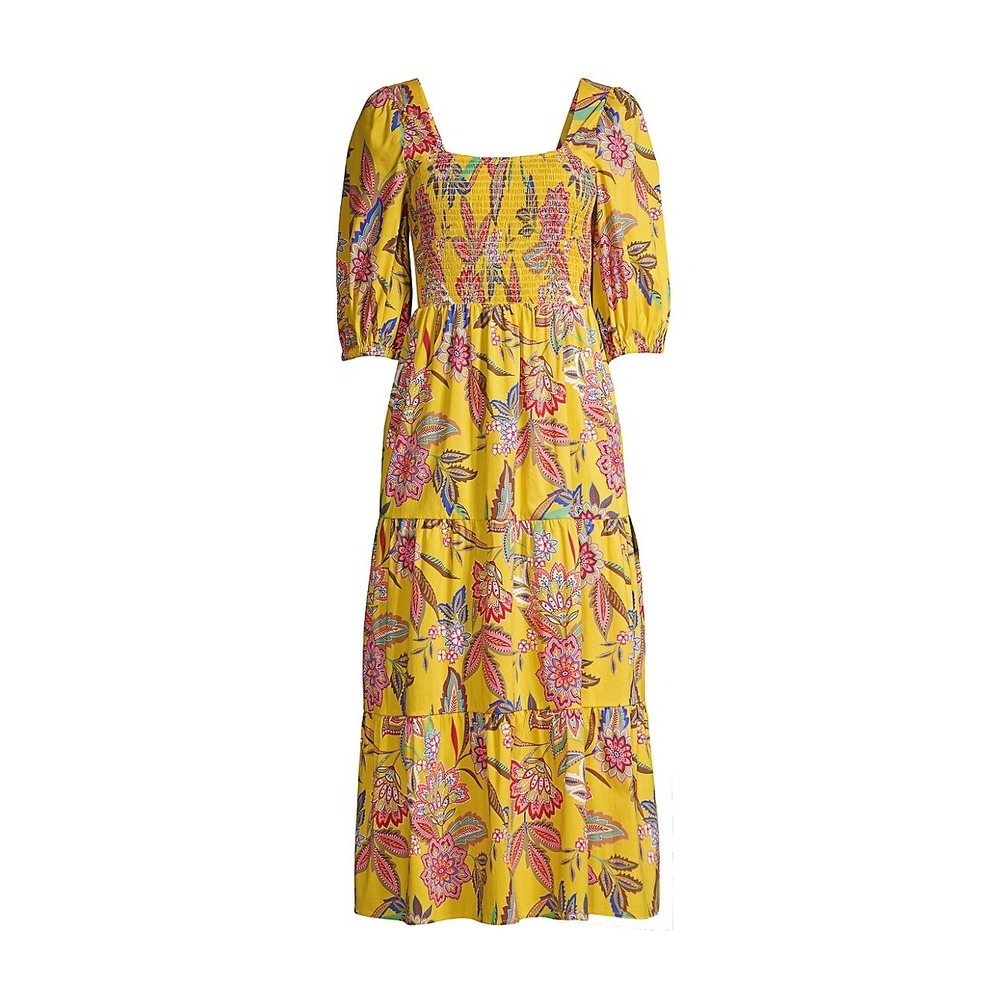 Johnny‎ Was Mladen Floral Midi Dress Yellow Boho Puff Sleeve Square Neck Large